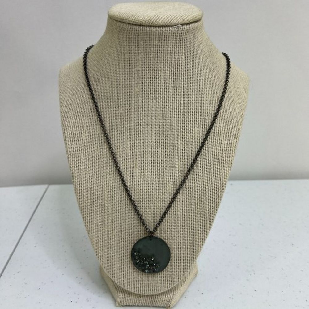 Kenneth Cole Necklace Gray Rhinestone Chain Pendant Black Circle